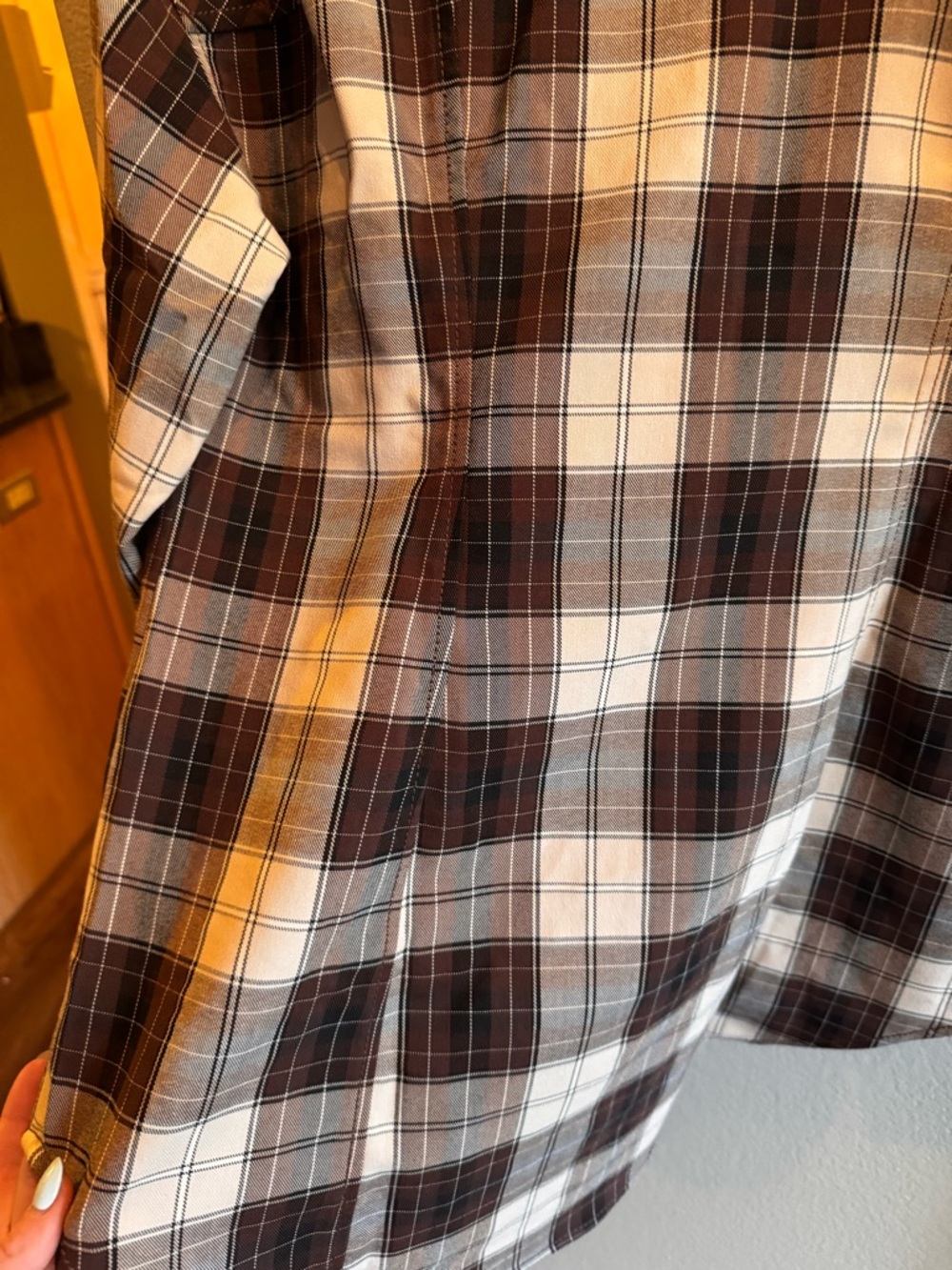 Plaid Brown & Cream Button-Down Shirt — Women's tapered Collared Top - Picture 5 of 12